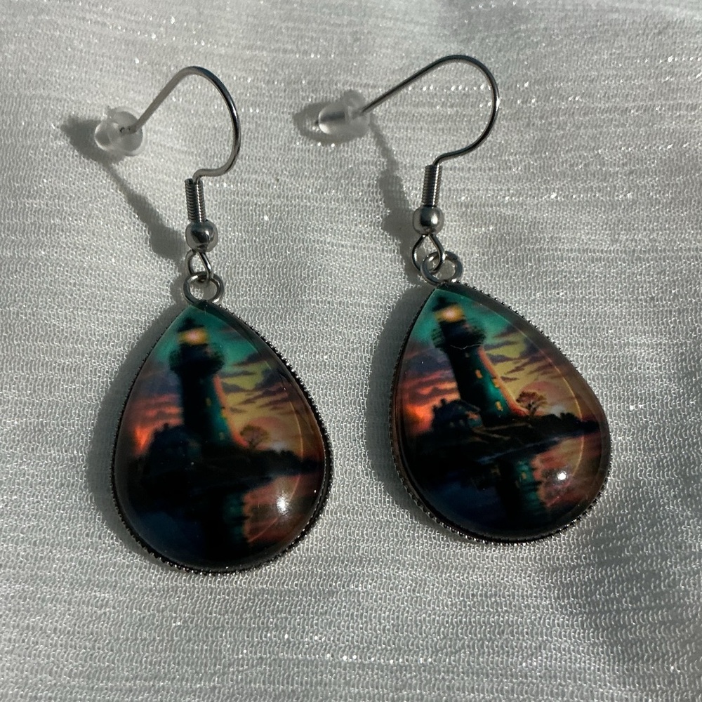🌅 Glass Cabochon Lighthouse Sunset Drop Earrings